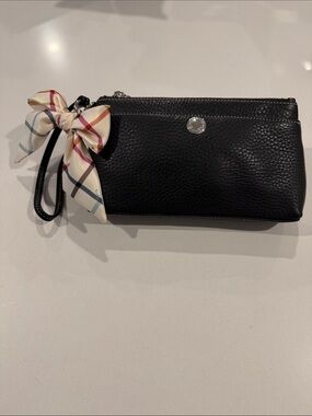 Coach Black Leather Wristlet with Cream Plaid Bow